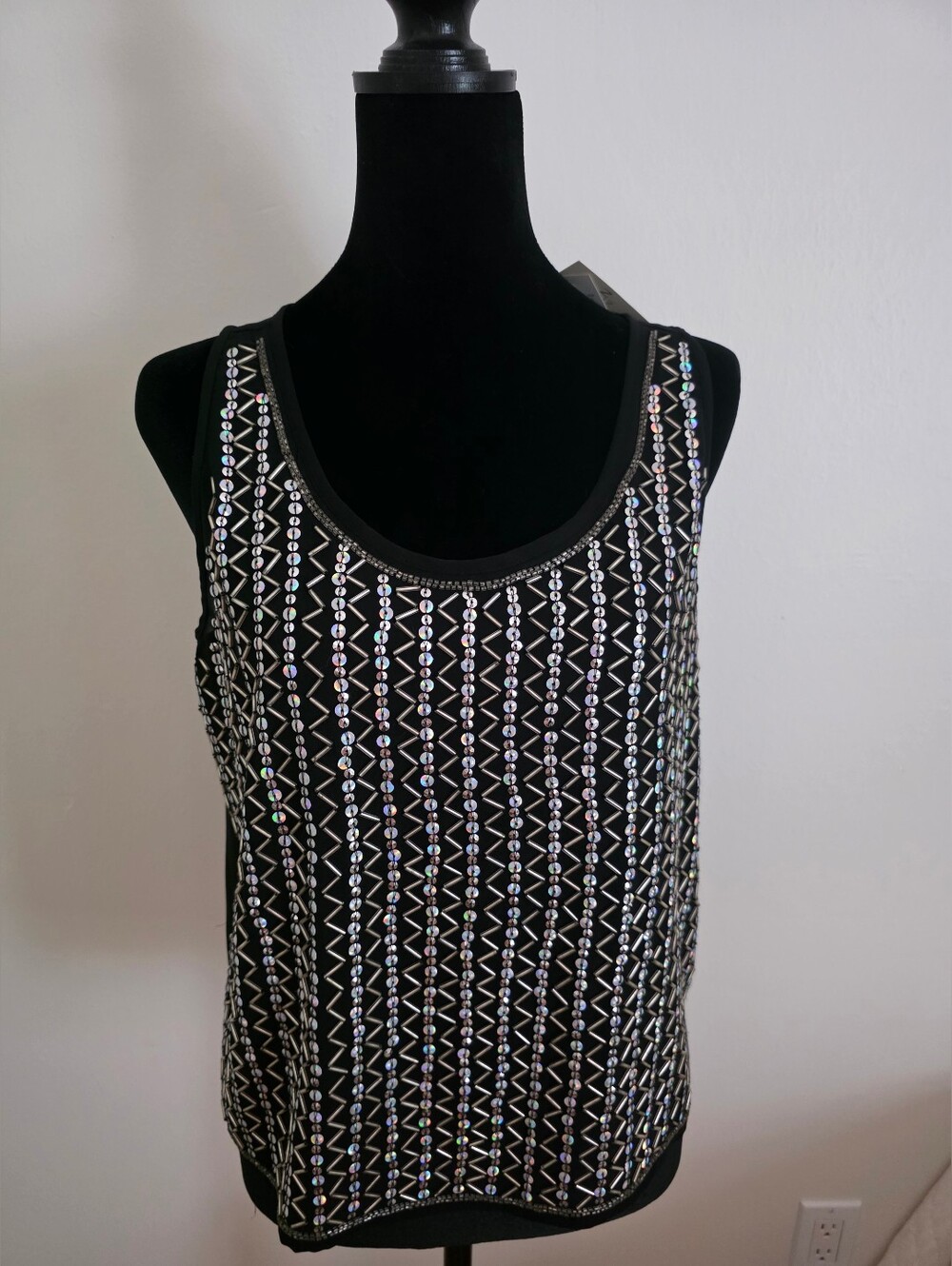 Carmen Marc Valvo Black Beaded Tank Top Sz M